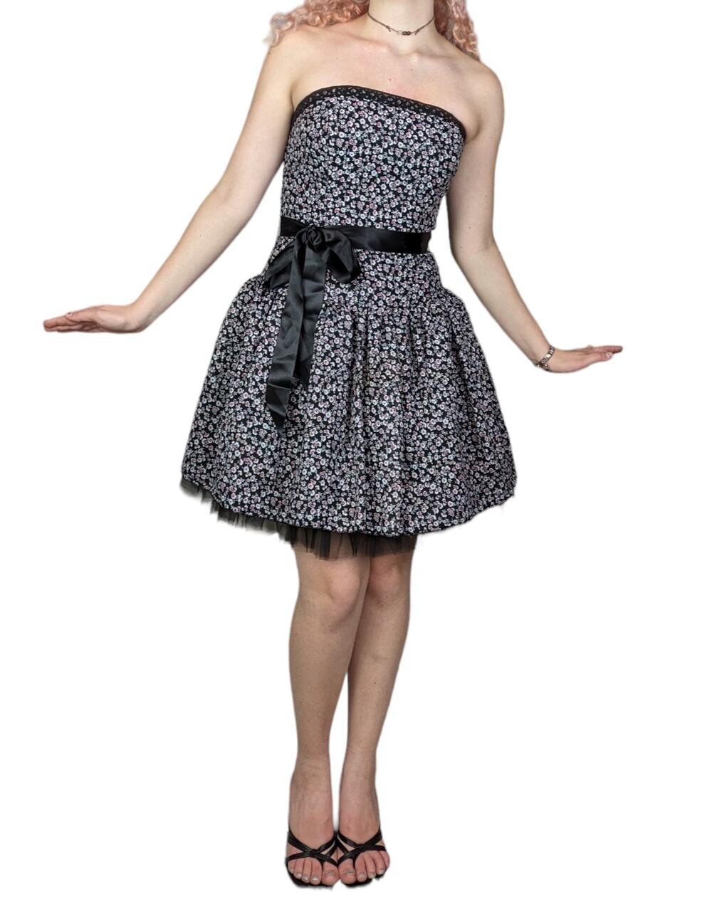 Jessica McClintock Black Floral Strapless Corset Midi Prom Dress 90s 7